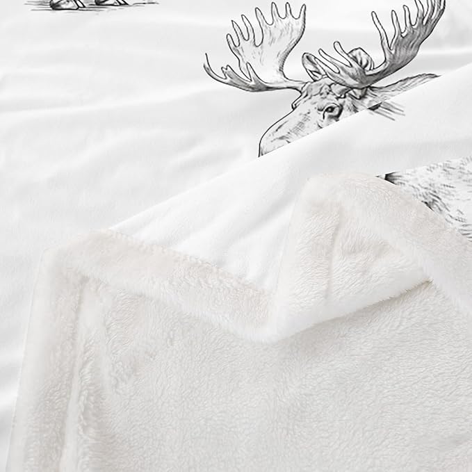 Feelyou Moose Fleece Wild Animal Theme Sherpa Blanket for Chair Sofa Couch Cartoon Moose Plush Throw Blanket Breathable Gray Wildlife Style Fuzzy Room Decor 40"x50"