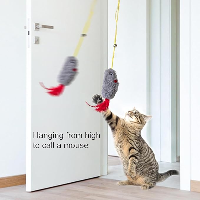 Grey and Red Interactive Cat Toy, Hanging Self-Play Little Mouse Shaped Toys Cat Toy, Built-in Sound, Relieve Boredom, Hanging Squeak Mouse Stretchy Feather Plush Cat Toy Grey