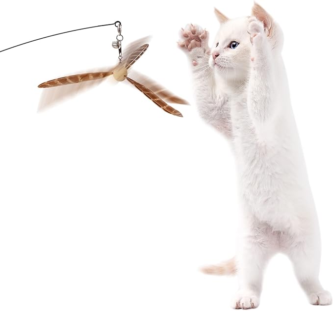 Lystaii Cat Wand Toys, Interactive Cat Feather Toys with 3 Feather Refills with Bell Steel Wire Cat Toy for Indoor Cats Wood Handle Cat Teaser String Toy Feather Propeller for Kitten (Piebald)