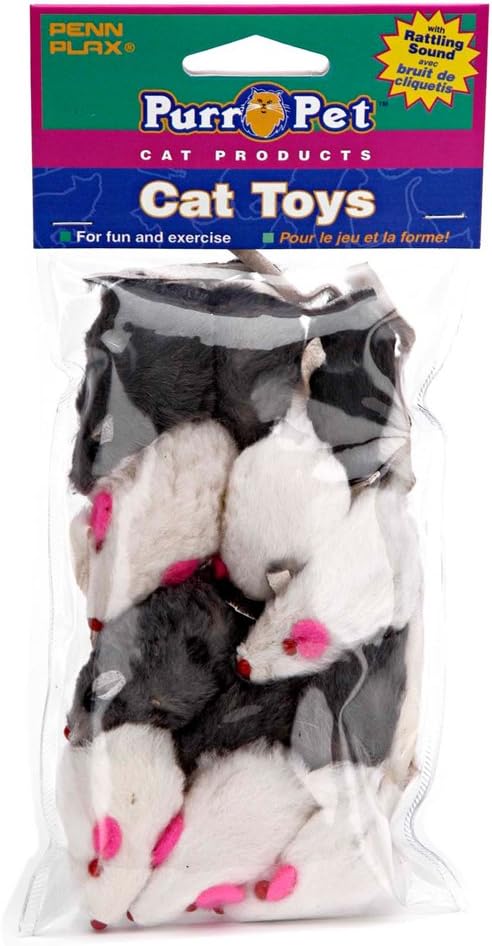 Penn-Plax Play Fur Mice Cat Toys | Mixed Bulk Bag of 12 Play Mice with Rattling Noise | 3 Color Variety Pack - CAT531, Black and White