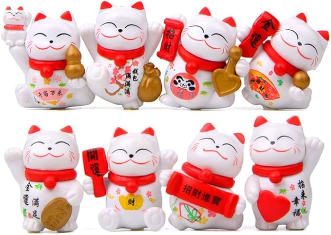 8 Pcs Cute Lucky Cat Figures, Animal Cat Characters Toys Mini Figure Collection Playset, Cat Toys Set Cake Toppers, Plant, Automobile Decoration, Landscape Scenes