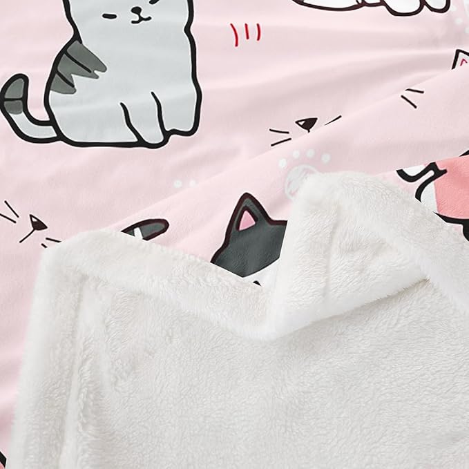 Erosebridal Cartoon Cat Blanket,Kids Girls Pet Fleece Blanket,Cute Colorful Kitten Throw Blanket for Teens Boys,White Cat Paw Print Flannel Blanket Pink Queen 90"x90"