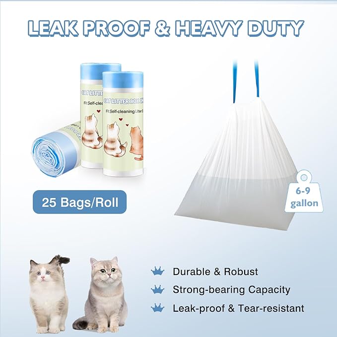 75 Count Self-Cleaning Cat Litter Box Liners 25.6" x 16.5" Compatible with Litter Robot 4 3 Automatic Cat Litter Box, Drawstring Heavy Duty Cat Litter Bags, 7-9 Gallon Trash Bag