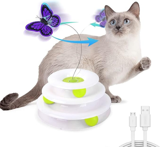 ALL FOR PAWS Interactive Cat Toys Automatic Tower of Butterfly Flutter Bug Cat Enrichment Ball Track Toy Smart Cat Toys with Timer for Indoor Cats
