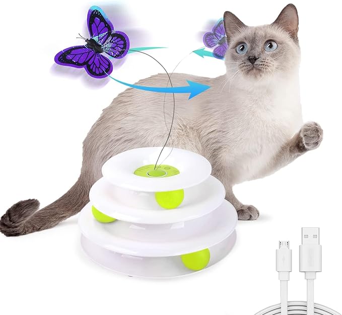 ALL FOR PAWS Interactive Cat Toys Automatic Tower of Butterfly Flutter Bug Cat Enrichment Ball Track Toy Smart Cat Toys with Timer for Indoor Cats