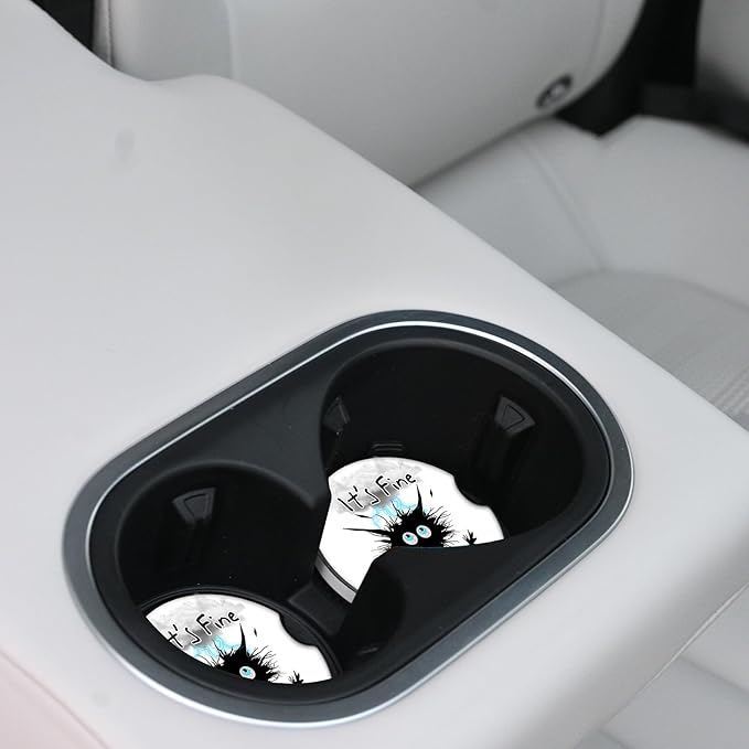 Car Coasters 2 Pack, Small 2.56" Ceramic Stone & Non-Scratch Cork Base Car Cupholder Absorbent Coaster Set for Women/Men Drink Cup Holder Coasters (I'm Fine Cat) BD-10