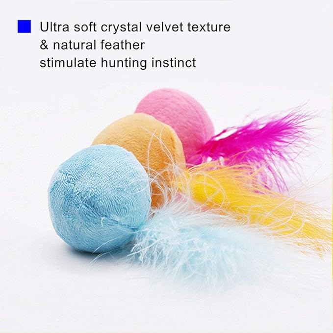 Furry Rattle Ball Cat Toy with Feather and Catnip - Interactive Pom Pom Balls for Cats, Soft and Lightweight, 2 Inch, 3 Pack.