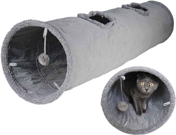 Cat Tunnel for Indoor Cats, 51×12 inch Foldable Big Cat Tunnel, Grey Suede Pet Tunnels with Two Peepholes and a Bubble Ball