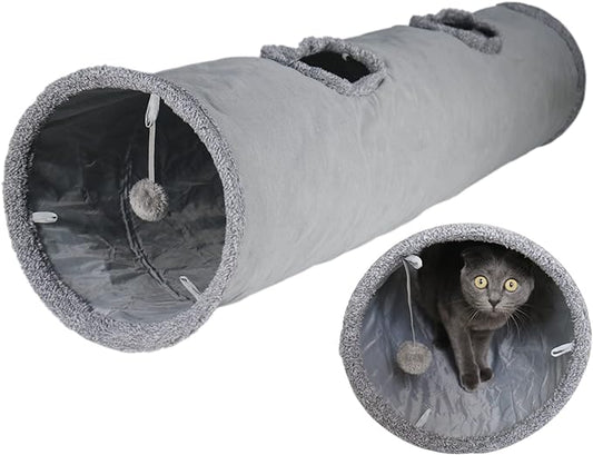 Cat Tunnel for Indoor Cats, 51×12 inch Foldable Big Cat Tunnel, Grey Suede Pet Tunnels with Two Peepholes and a Bubble Ball