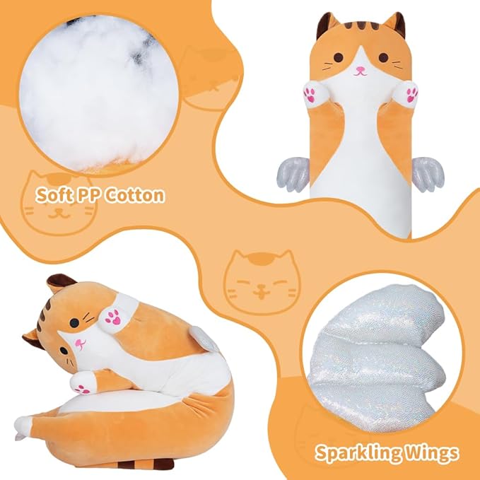 Cute Cat Plush Pillow, Yellow Long Cat Stuffed Animals Soft Long Kitten Plushies Kawaii Cat Stuffed Plush Toy for Kids Girlfriend(70cm/27.5inch)