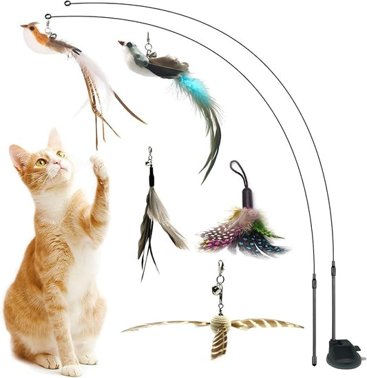 Cat Toys , Interactive Toy with Super Suction Cup 2 Elasticity Cat Teaser Wand, 1 Sticky Super Suction Cups & 5PCS Teaser Refills Replacement with Bells Interactive Cat Toy Wand Kitten Toys for Indoor