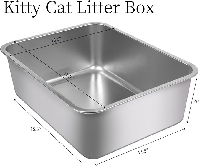 2Pcs Stainless Steel Cat Litter Box, Metal Kitty Litter Box with High Sides, Rust Proof Litter Tray Pan, Pet Toilet for Kitten Rabbit, Non Stick Non Odor, Easy to Clean, 17.5 x 13.5 x 6 in