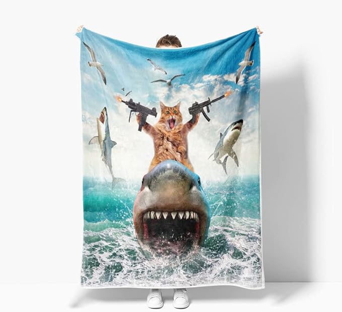 Funny Cat Throw for Kids, Farmhouse Cool Cat Riding Shark on Blue Ocean Fleece Throw Blanket Cozy Soft Lightweight Couch Sofa Bed,Blue Blankets Bedding Gifts for Girls Boys Teens Cute Throw Blanket