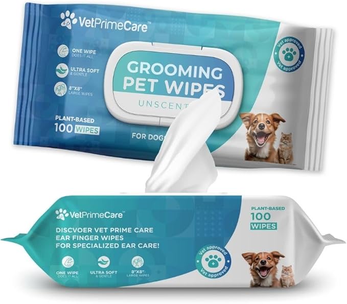 Pet Grooming Wipes for Dogs & Cats, 8” x 8” Plant-Based, Wipes for Cleaning & Deodorizing, Suitable for Pets Body Like Face, Paws, Belly, and Butt, Unscented - 100 Count