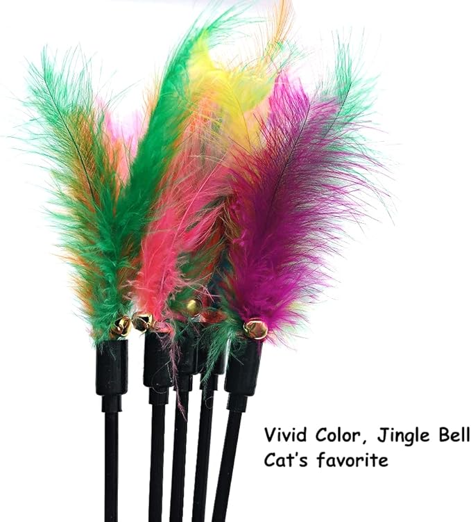 IUHKBH Cat Feather Toys, Interactive Cat Wand Toys Cat Teaser with Bell - 18'' Long Feather Wand for Cat and Kitten (6 Pcs)