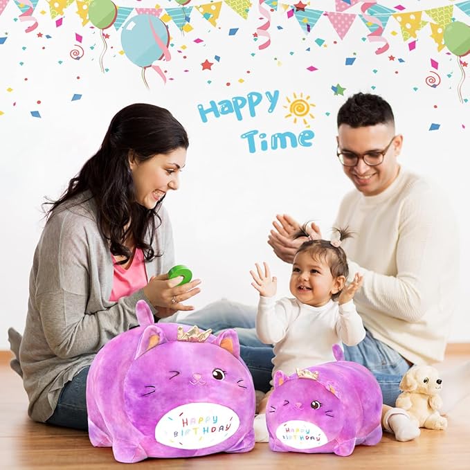 Birthday Cat Plush Pillow, Soft Purple Cat Stuffed Animal Toy (15.7inch)