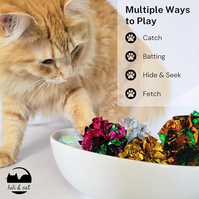 Luli & Cat 10-Pack Foil Crinkle Ball Toys - Interactive Cat Toys for Indoor Cats - Cat Ball Toy in Assorted Colors