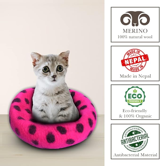 Woolygon Premium Felt Cat Cave Bed - Polka Dot Series - Wool Kitty Beds Handcrafted Kitten Caves Bed for Indoor Cats - Eco-Friendly Merino Wool, Foldable Cat Hideaway Cat Houses (Pink/Black Dots)