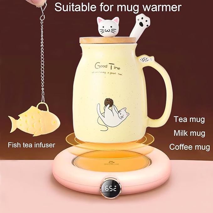 BigNoseDeer Tea Cup With Infuser and Lid Ceramic Coffee Mug Kawaii Cat Mug Cute Mugs Tea Mug Cute Cool Preppy Stuff Cat Gifts Birthday Gifts Cute Gifts for Women Girls(13oz)