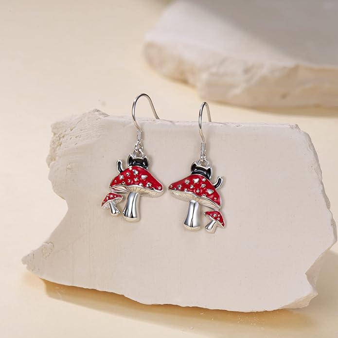 Black Cat Earrings 925 Sterling Silver Mushroom Cat/Black Cat/Panda/Sloth/Capybara/Boston Terrier/Shih Tzu Dangle Earrings Cute Animal Drop Earrings Jewelry Gifts for Women
