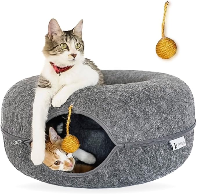 Large (24 Inch) Peekaboo Cat Cave for Multiple & Large Cats, Cat Caves for Indoor Cats Up to 30 Lbs, Scratch Detachable & Washable, Cat Tunnel Bed (Dark Grey)