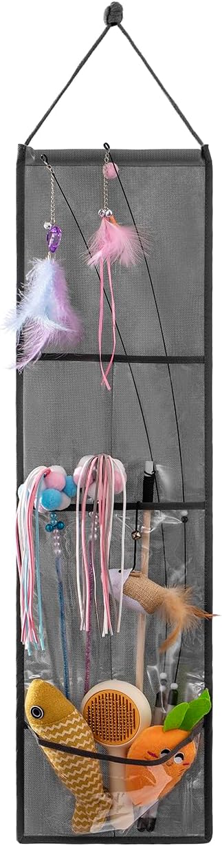 Hanging Cat Wand Holder Kitten Stick Toy Storage Bag Cat Accessories Organizer for Indoor Cats (Clear Pockets)