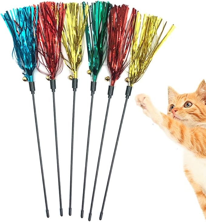 IUHKBH Cat Toy Wand 6 PCS Interactive Cat Teaser Wand with Sound Paper Tassels and Bell for Cat and Kitten