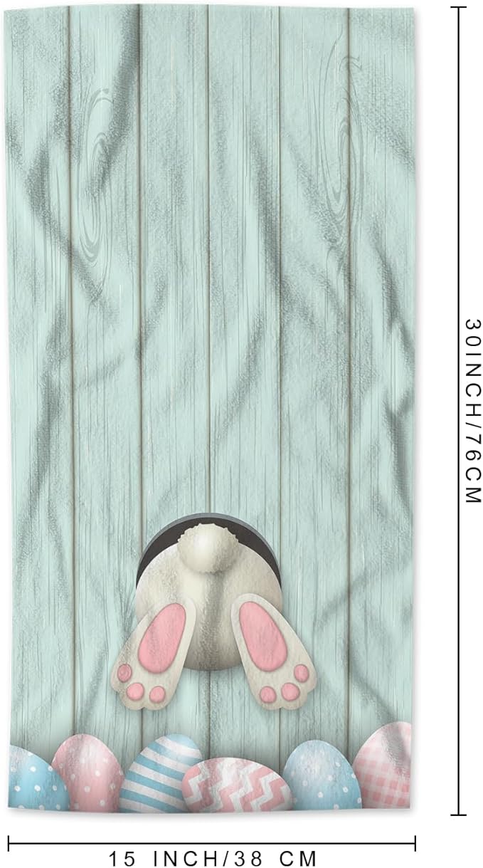 AOYEGO Easter Bunny Microfiber Towels Colorful Eggs Rabbit Blue Wood Plank Bath Towels Kitchen Hand Towels for Women Men Girls Boys 15x30 Inch