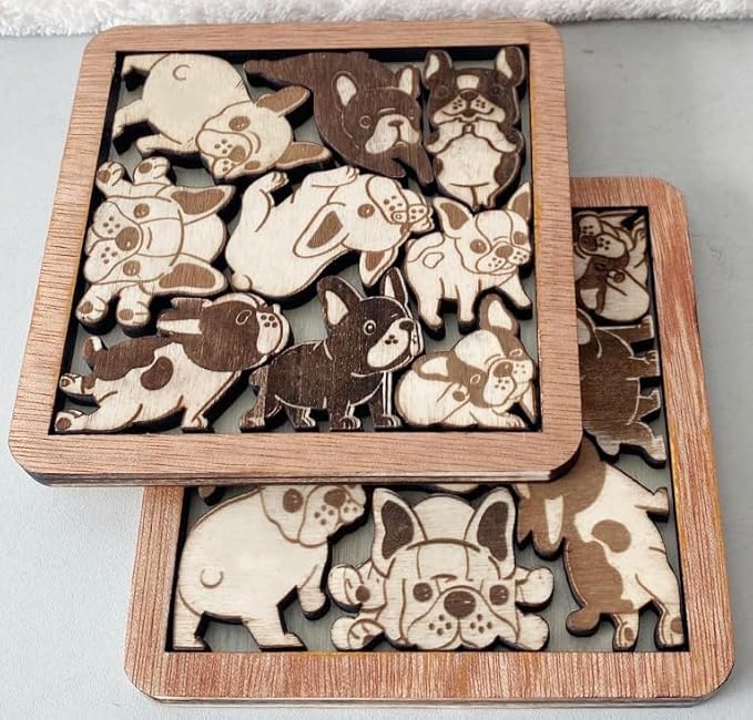 02 French Bulldog Dog Puzzle Wooden Coaster Set - Interlocking Jigsaw Drink Mats with Laser-Cut Design for Pet Lovers (02 French Bulldog Coasters)