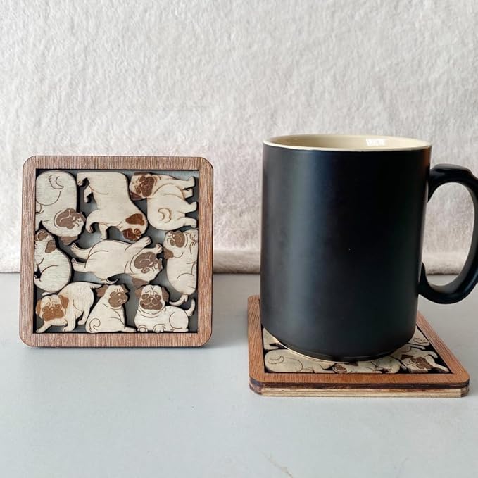 02 Pug Dog Coaster - Pug Dog Puzzle Wooden Coaster Set - Interlocking Jigsaw Drink Mats with Laser-Cut Design for Pug Lovers (Pug Dog)