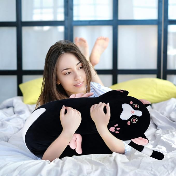 Long Plush Toy Cat Pillow Cute Plush Cat Toy Doll Stuffed Animal Cat Hugging Pillow for Sleeping Gift for Kids and Girls(Black&Pink,70cm/27.5in)