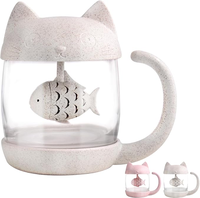 BigNoseDeer Cat Tea Cup Cute Mug Glass Pot with Fish Infuser for Loose Leaf Tea (White 8oz)