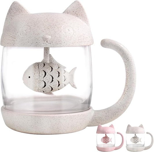 BigNoseDeer Cat Tea Cup Cute Mug Glass Pot with Fish Infuser for Loose Leaf Tea (White 8oz)