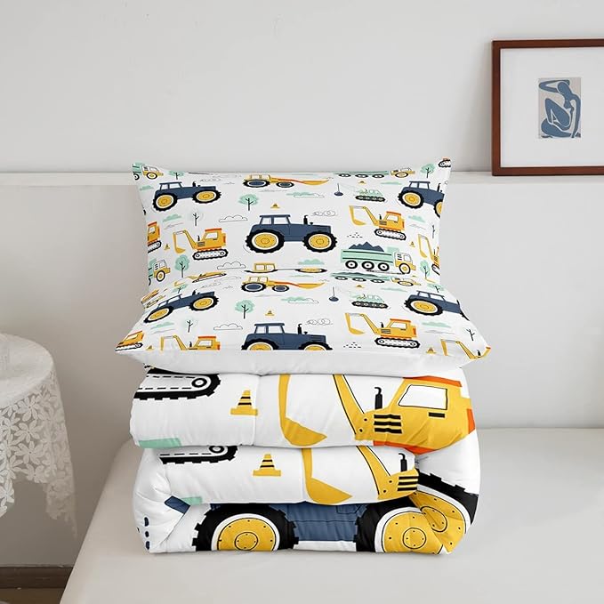 Cartoon Car Kids Comforter Set Twin, Kids Construction Vehicles Comforter for Boys Girls Teens, Tractor Machinery Trucks Bedding Set, Excavator Down Comforter, Construction Site Cars Duvet Set, 2Pcs