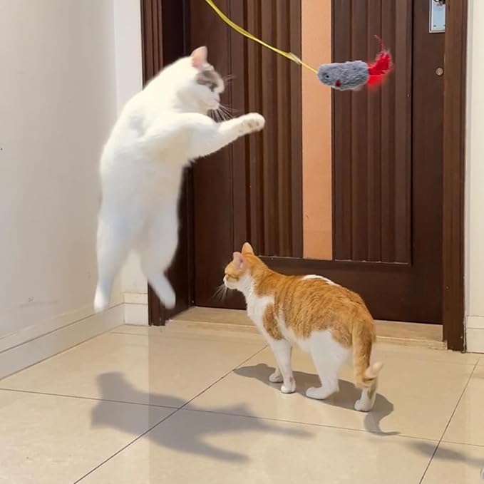 Grey and Red Interactive Cat Toy, Hanging Self-Play Little Mouse Shaped Toys Cat Toy, Built-in Sound, Relieve Boredom, Hanging Squeak Mouse Stretchy Feather Plush Cat Toy Grey