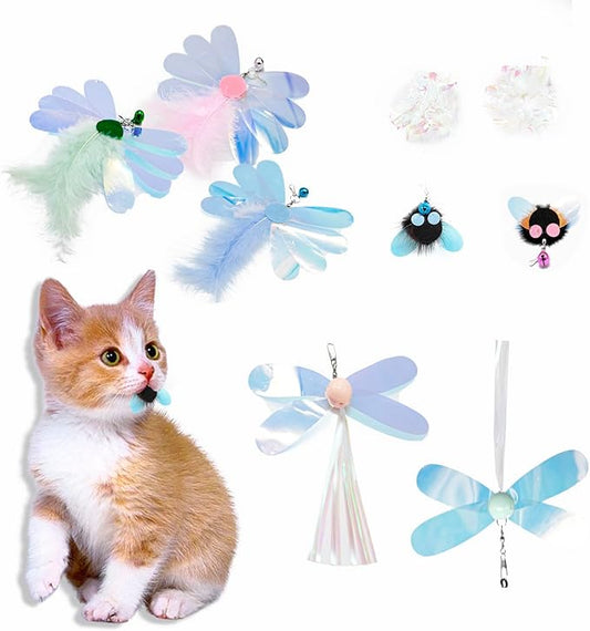 Cat Toy, Shiny Insect Refills for Cat Wand Toy, 9PCS Replacements with Bells for Cat Fishing Pole Toy, Interactive Cat Toy Lightweight, Chase and Exercise (Insects + Ball Set)