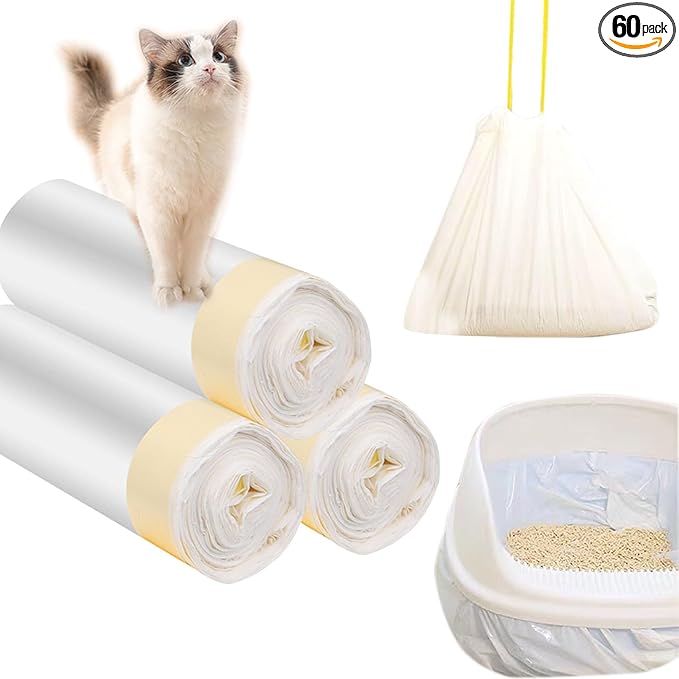 60 Count Cat Drawstring Litter Box Liners 26.6 * 16.7 inches 2 Mils Heavy Duty Leak-proof Cat Poop Bags Extra Durable Cat Litter Box Replacement Waste Bags for Self-Cleaning Litter Box
