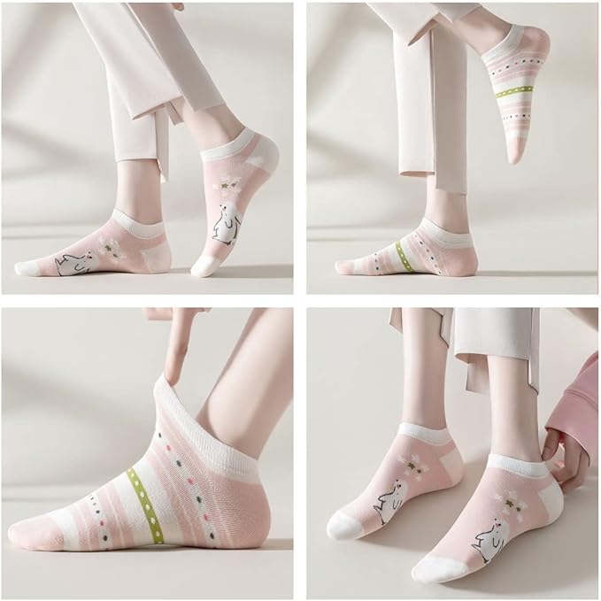 5/10 Pairs Combed Cotton Socks for Women with Cute Animals/Flowers Patterned Ankle Socks