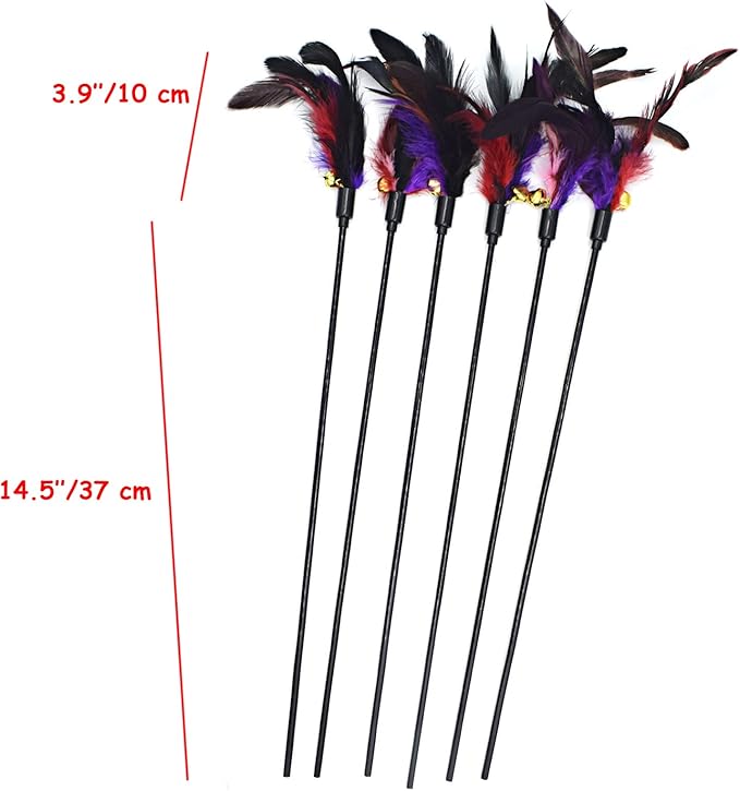 IUHKBH Cat Feather Toys, 6 PCS Interactive Cat Wand Toys Cat Teaser with Bell - 18in Feather Wand for Cat and Kitten