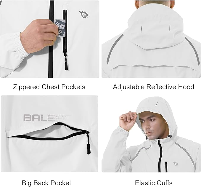 baleaf Men's Rain Jacket Waterproof Windbreaker Running Cycling Golf Hiking Gear Hood Lightweight Reflective Packable