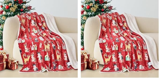 Elegant Comfort Reversible and Ultra-Plush Flannel Fleece-Winter Christmas Sherpa Throw- Lightweight Soft and Cozy-Holiday Decorative Throw, Perfect for Lounging, 50 x 60 inches, Cats in Holiday