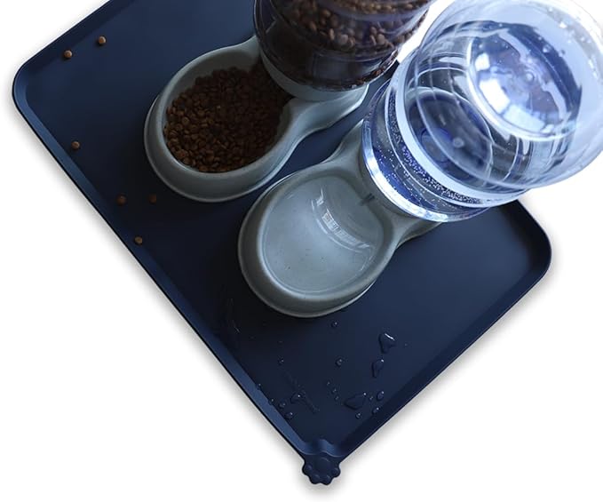 Hoki Found Large Silicone Pet Food Mats Tray - Non Slip Pet Dog Cat Bowl Mats Placemat - Dog Pet Cat Feeding Mat - Waterproof Dog Cat Food Mats -Pet Water Mats for Floors - French Navy,24'' x 16''.
