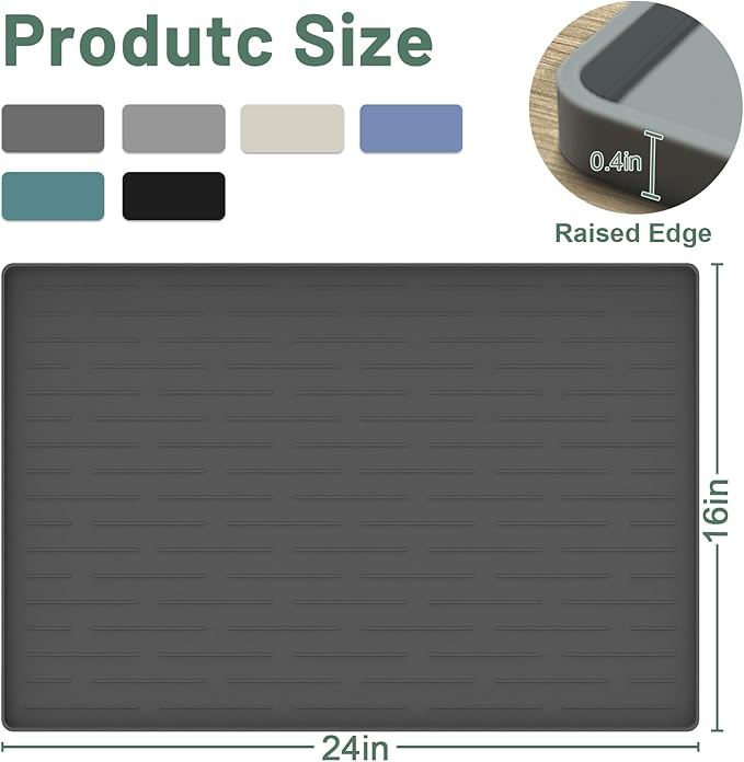 24"x16" Silicone Dog Food Mat with Raised Edges, Waterproof Non-Slip Pet Feeding Mat for Food & Water, Thick Durable Placemat for Cats and Dogs, Easy to Clean, Light Gray