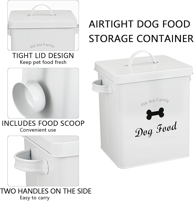 Geyecete Pet Treat and Food Storage Tin with Lid - 5lbs Capacity - Serving Scoop Included … -DOG