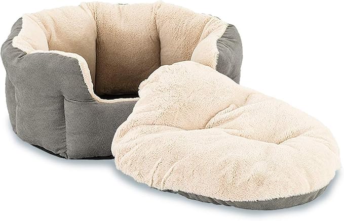 SPOT Sleep Zone Small Pet Bed - High Wall, Reversible Cushion Bed for Indoor Cats & Small Dogs, Durable Faux Suede, Machine Washable for Pets Under 10lbs and 15 inches Long - 18x16in, Light Grey