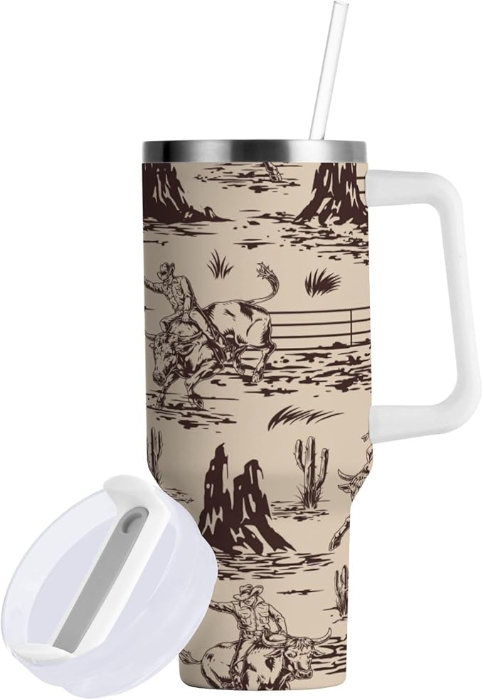 Boccsty Cowboy Cacti Insulated Tumblers Reusable Stainless Steel Tumbler 40 oz Cup Coffee Travel Mug Water Bottle with Handle & Flip Straw for Home Office Car