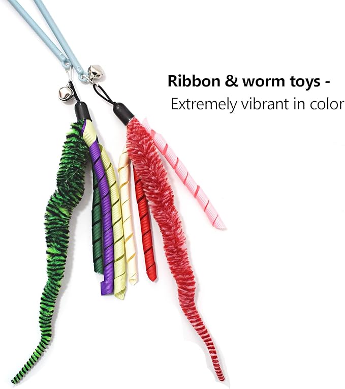 IUHKBH Cat Wands, 2 PCS Interactive Cat Teaser Wand Cat Worm Toys with Ribbon and Bell Pretty Cat Stick Toys for Cats Kittens