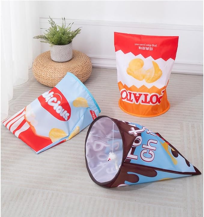 Creative Potato Chip Bag Folding Ring Paper Cat Tunnel Cat Toy Self High Fun Hide and Seek Rolling Dragon Channel Cat Drill Bag with Hanging Toy Pet Supplies (Brown)