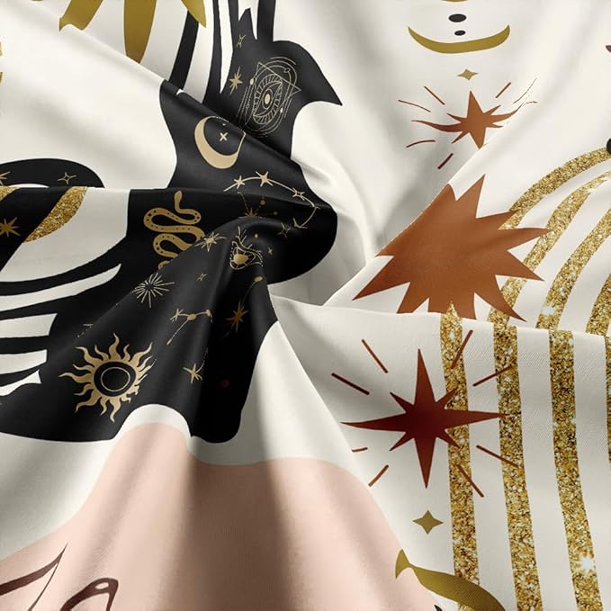 Boho Black Cat Shower Curtain, Cute Animal Mid Century Modern Moon Shower Curtains, Abstract Phase Fancy Geometric Aesthetic Leaf Fabric Shower Curtain Restroom Decor Accessories with Hooks 72X72