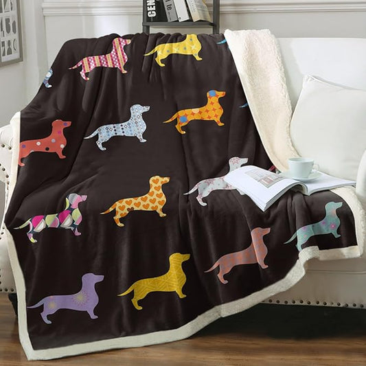 Sleepwish Colorful Dachshund Fleece Throw Blanket for Couch Chair Fuzzy Black Cartoon Puppy Sherpa Blanket Gifts for Women Kids, Baby(30"x 40")